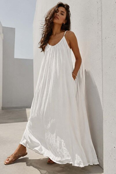 Madmext White Halter Neck Strap Long Basic Women's Dress Mg2163