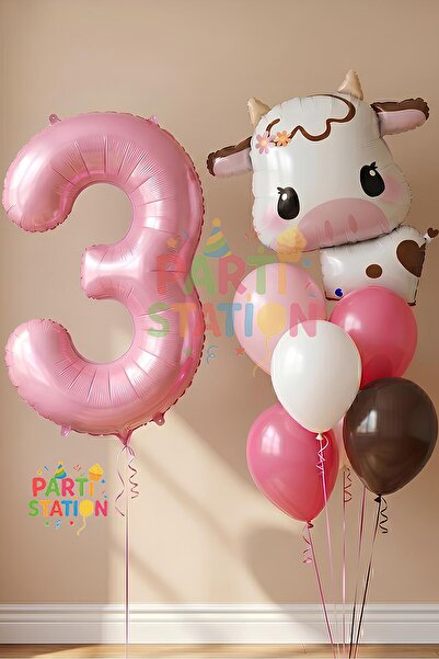 Parti Station Safari Konsept Sevimli İnek ve Pembe Rakam Balon 3 Yaş Set Safa...