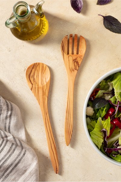 Demy Craft Olive Tree Handmade 2 Piece Salad Serving Set, Wooden Spoon and Fork, 30 Cm.
