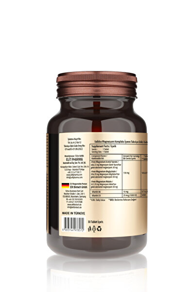 Validus Magnezyum Complex Bisglycinate Taurat Malat Vitamin B6 Vitamin D3 1000 Ünite 30 Tablets
