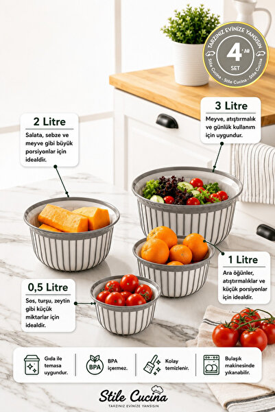 Stile Cucina 4 Piece Linea Round Practical Bowl Dowry Set 1X(500 ml) 1X(1-2-3...