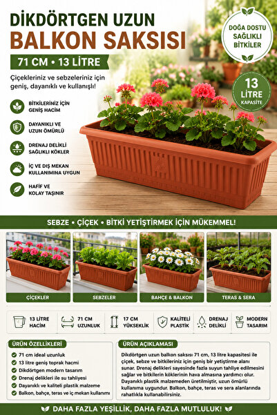 Olgun Home Dikdörtgen Uzun Balkon Saksısı 71 Cm 13 Litre Sebze Saksısı Çiçek ...
