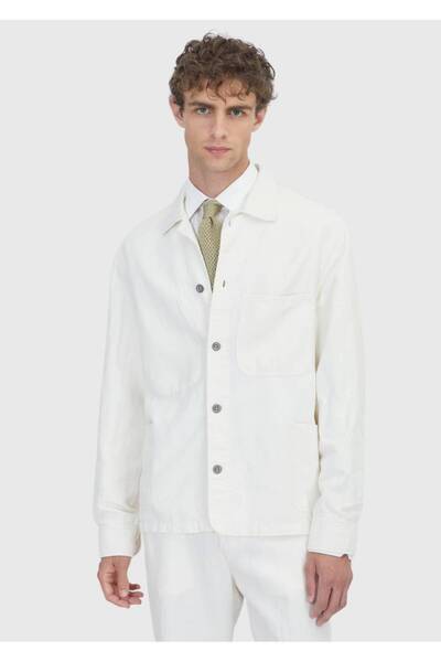 Ramsey Ecru Plain Casual Fit Long Woven Cotton Blend Overshirt
