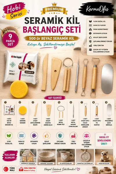 KarmaOfis Premium Seramik Kil Hobi Seti 500 Gr Model Kili Şekillendirme Apara...