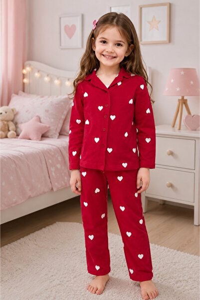 Neo Kids Kalp Baskılı Pamuklu Uzun Kollu Pijama Alt Üst Takım