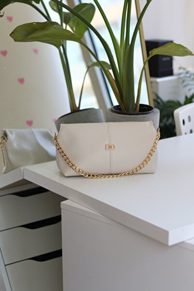 Moom Bag Women's Cream Chain Detailed Strap Shoulder Bag