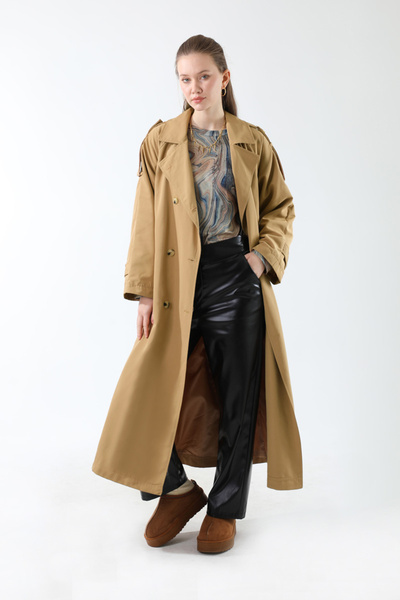 ZÜLAYS Μακριά καμπαρντίνα με λεπτομέρεια επωμίδας, χρώμα καμηλό