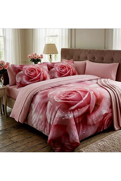 Elmas Dizayn 240X260 cm Double Bedding Set Cotton Satin Hypoallergenic Rose a...