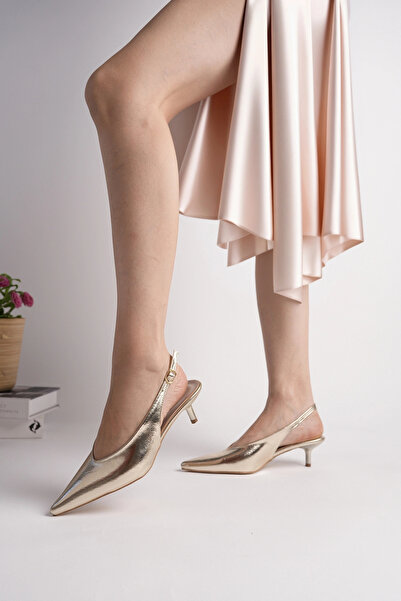 bakac store Women's Gold Color Wrinkled Patent Leather Short Heeled Shoes