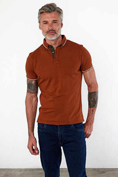 ENQUE Men's Close-Fitting Basic Polo Neck Short Sleeve Solid Cinnamon T-Shirt