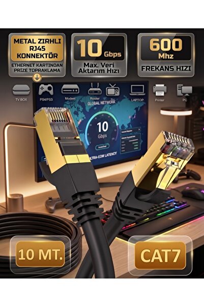 ZEYar Teknoloji Cat7 Ethernet Kablosu 10 Metre 10 Gbps 600 MHz Metal Zırhlı