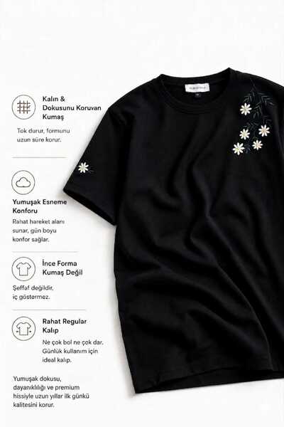 yubistitch Tshirt Embroidered Flower 6- Black