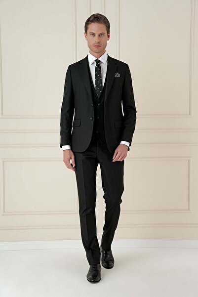 Efor Slim Fit Çift Yırtmaç Kazayağı Dokulu Siyah Yelekli Takım Elbise TK 910