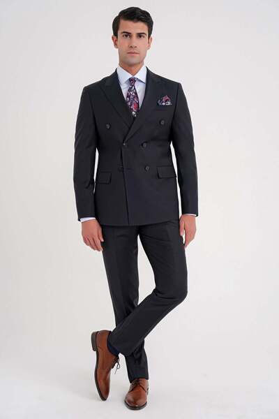 Efor Slim Fit Double Slit 95% Wool Flexible Navy Blue Double Breasted Suit Tk...