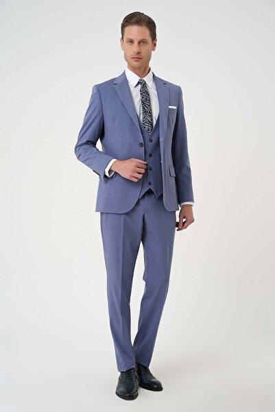 Efor Slim Fit Esnek Çift Yırtmaç Yelekli Düz Klasik Havacı Mavi Takım Elbise ...