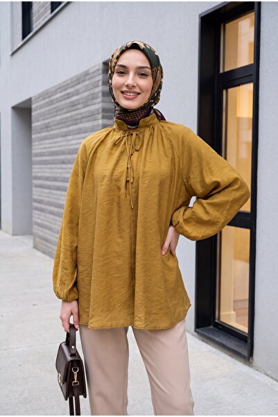 Modamorfo Oversized Tulle Voile Blouse with Tie Collar and Half Buttons - Tan