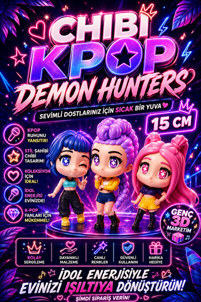 Genç 3D Chibi Kpop Demon Hunters - 3'lü Figür Seti - 15cm Koleksiyonluk Heykel