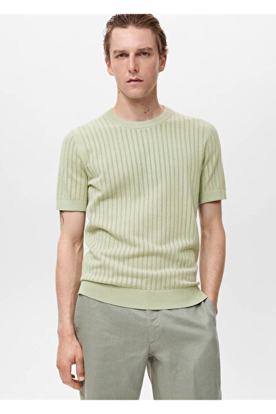 MANGO Man Tricou din bumbac cu tricotaj ajurat în dungi