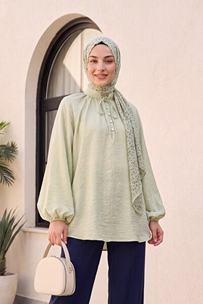 Modamorfo Oversized Tulle Voile Blouse with Tie Collar and Half Buttons - Wat...