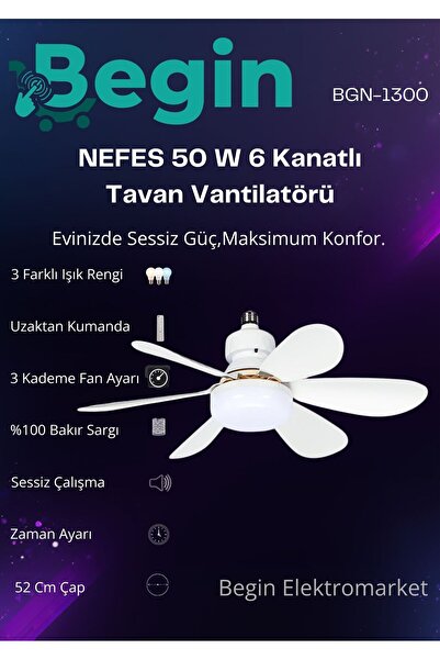 BEGİN 6 Kanatlı tavan vantilatörü uzaktan kumandalı led ışıklı