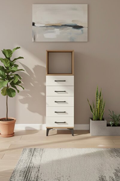 mobihobi Silva 5 Çekmeceli Çam-Aytaşı Dolap: 44x30x134cm, Raflı Tek Kapaklı K...
