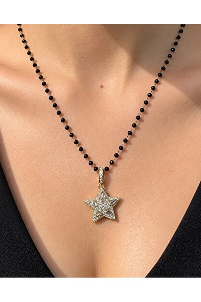 FIERA JEWELRY Star Detail-Black Bead Zircon Stone Gold Steel Women's Necklace