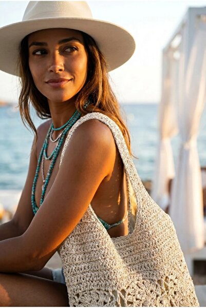 FASHION COCKTAIL Geantă de umăr boemă din paie naturală, tricotată, cu model ...