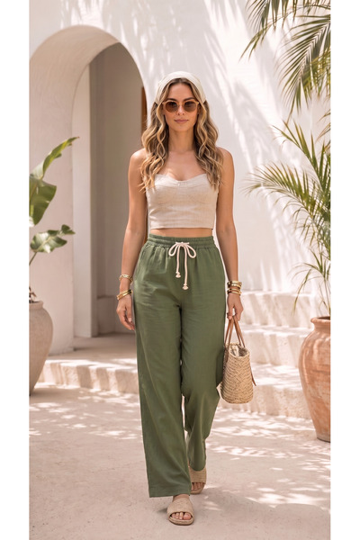 BADESSA Women's Khaki Linen Look Premium Textured High Waist Palazzo Pants wi...