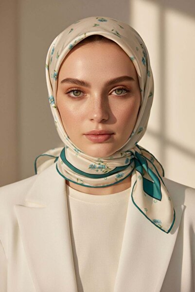 Vissona 100% Twill İpek Bordürlü Çıtır Çiçek Desenli Petrol Yeşili Renkli 90x...
