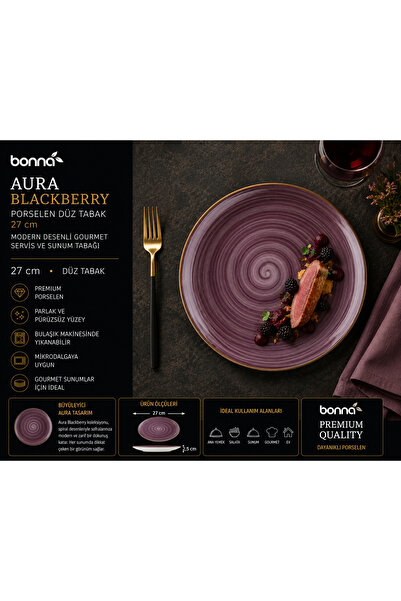 Bonnami Bonna Aura Blackberry Porselen Düz Tabak 27 cm - Modern Desenli Gourmet Servis ve Sunum Tabağı
