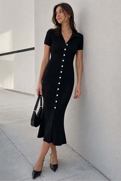 Madmext Black Button V-Neck Long Knitwear Dress Mg2078