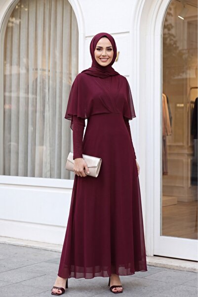 Modamorfo Silvery Chiffon Long Evening Dress - Burgundy