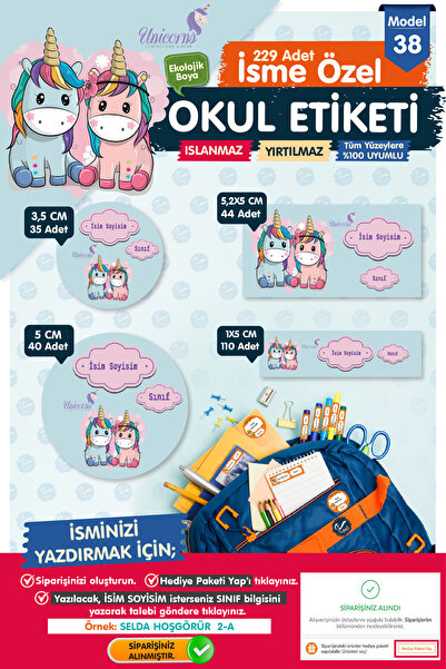 t tuğset etiket Okul Etiketi Unicorn Kalem Defter Etiketi Özel İsim Yazılabil...