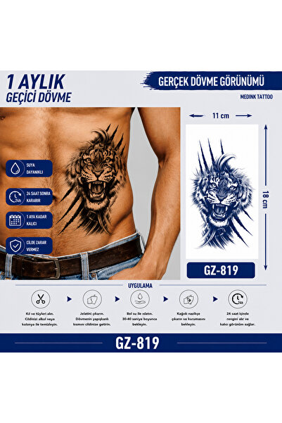 medink tattoo 1 Ay Kalıcı Sonradan Kararan 11X 18 cm Kaplan model geçici dövm...