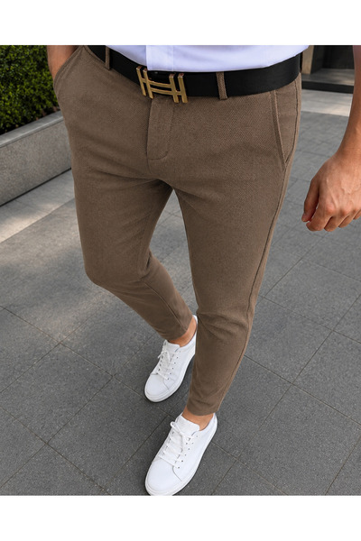 Gussi Pánské kvalitní pružné lycrové Slim Fit plátěné kalhoty v hnědé barvě
