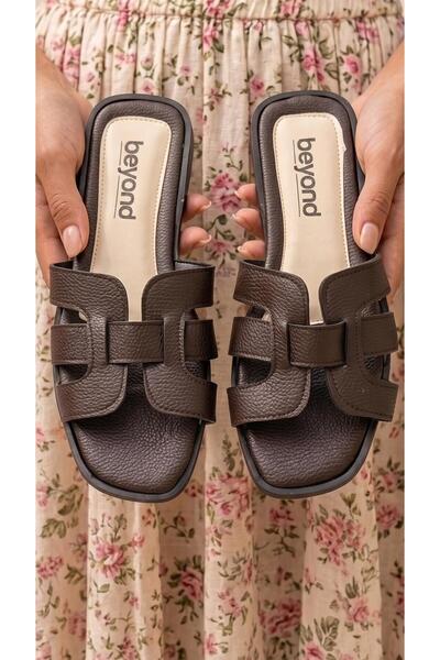 Beyond Women's Brown 3-Stripe Hrms Leather Slippers 1cm Byndst01