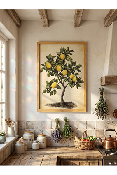 Creatick Design Masif Ahşap Çerçeveli Limon Temalı Tablo Mutfak Duvar Dekoras...