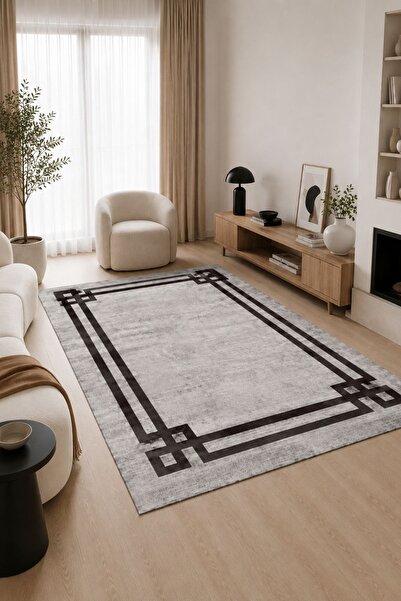 Border Patterned Washable Anti-Slip Base Chenille Dark Gray Black Entry Carpet 4019