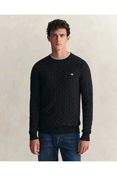 Gant Erkek Siyah Regular Fit Bisiklet Yaka Örgü Kazak
