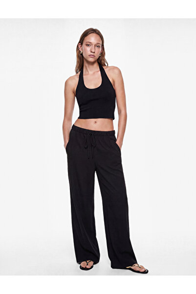 Koton Pocket Detailed Comfortable Fit Waist Tie Viscose Fabric Wide Leg Trousers