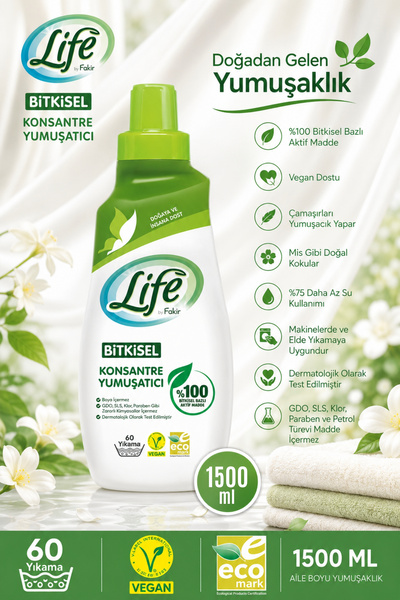 Life by Fakir Bitkisel Bazlı Vegan Konsantre Çamaşır Yumuşatıcısı 1500 ml - %...