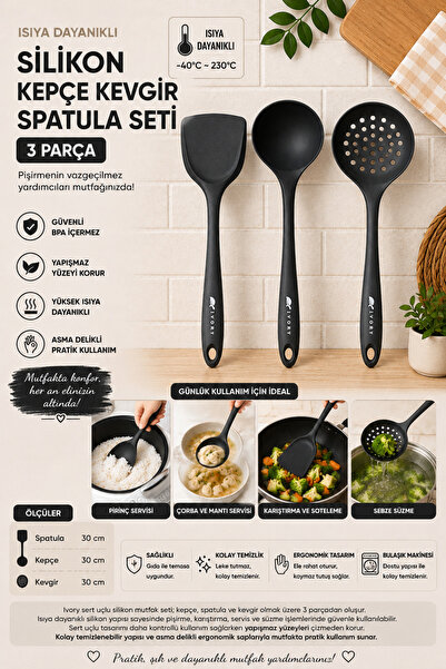 Perağ Heat Resistant Fireproof Non-Stick Ivory Ladle Spatula Colander Set 3 P...