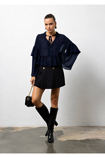 Pinn Navy Blue Ruffled Chiffon Shirt