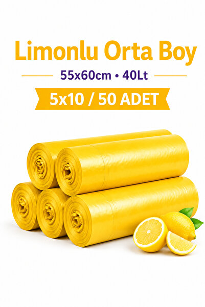 naft Büzgülü Orta Boy Limon Kokulu Çöp Torbası 10'lu 5 Rulo 55x60 Çöp Poşeti ...