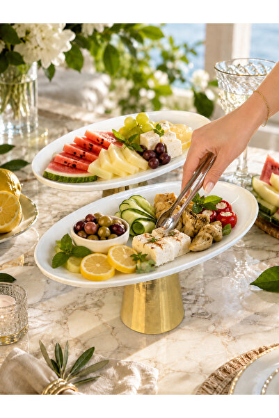 MAY HOME 2'Li Porselen Gold Metal Ayaklı Kayık Meze Tabağı & Oval Yemek Sunum...
