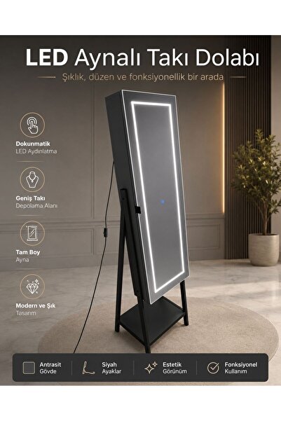 DECOBOX Eyfel Led Aydınlatmalı Boy Aynalı Takı Dolabı Beyaz Işık