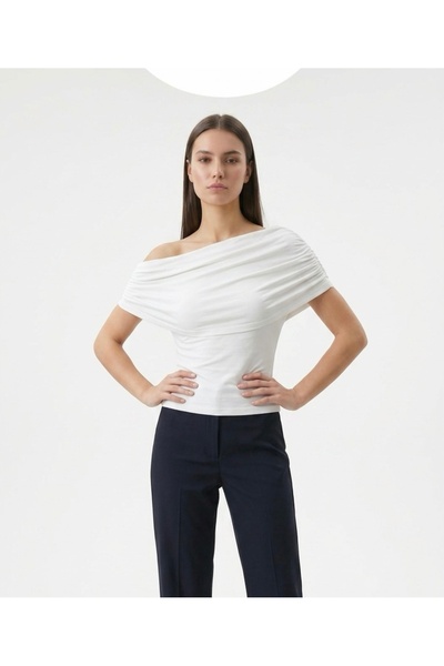 Sagre&Sisters Women's One-Shoulder Blouse – Draped Collar Detail, Stretchy Fabric, Ecru & Red Stylish Blouse