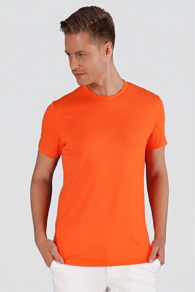 Efor Slim Fit Bisiklet Yaka Esnek Pamuklu Düz Oranj Tişört TS 823