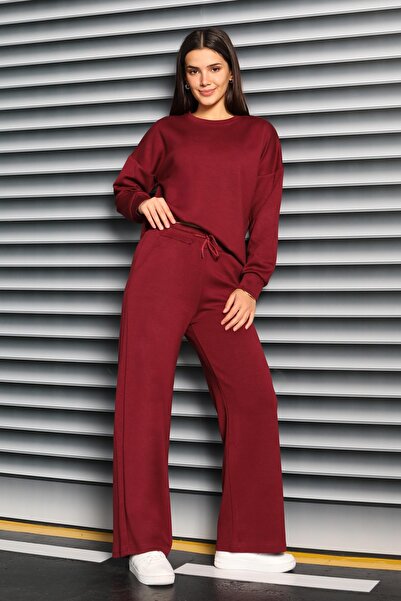TOFİSA Wide Leg Modal Double Set - 27879-Bordo