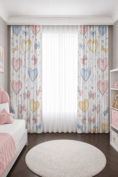 HOMESSA Girl's Room Double Winged Background Curtain with Colorful Heart and ...